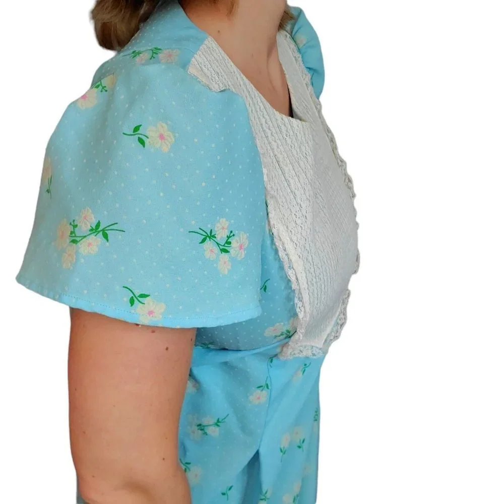VTG Prairie Maxi‎ Dress Floral Flocked Blue Lace Puff Sleeve 1970s Coquette Sz L